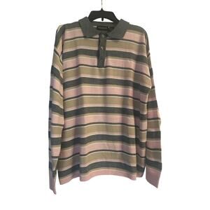 GUC Koman Sport Men's Collared 3 Button Green/Pink Stripe Sweater Size Large